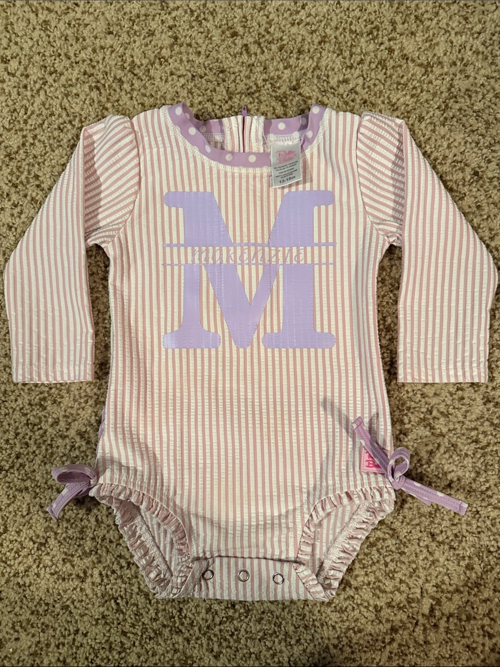 Ruffle Butts Pink and Lavender Striped Girls Rashguard One-Piece-M-Makenzie